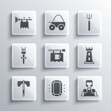 Set Diamond, Ortaçağ Şövalyesi, Kale Kulesi, Bar, Balta, Meşale Alevi, Trompet bayrağı ve Bahçe yabası ikonu ile sokak tabelası. Vektör