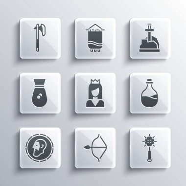 Ortaçağ yayını, okunu, topuzunu, eski şarap şişesini, prensesi, Kadim parasını, para çantasını, baltasını ve taş ikonunu ayarla. Vektör