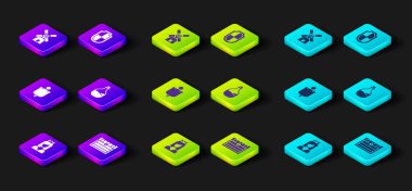 Set Prensesi, Antik hazine sandığı, Ortaçağ bayrağı, Eski şarap şişesi, Kalkan ve Yel Değirmeni ikonu. Vektör