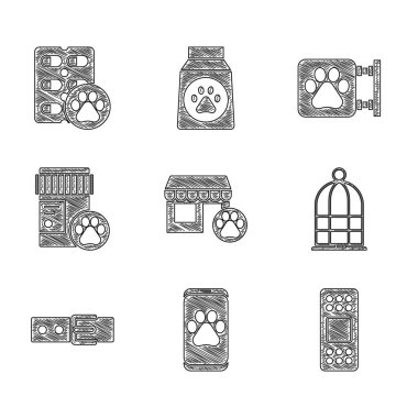 Veteriner hastanesi, klinik, bandaj, kuşlar için kafes yaka etiketli tasma, köpek ilacı şişesi ve hap ikonu. Vektör