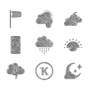 Bulut 'u yağmurla, Kelvin' le, ayla, Gündoğumuyla, Fırtınayla, Hava tahminiyle ve Cone rüzgar gülü ikonu ile ayarla. Vektör