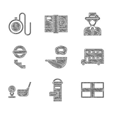 Smoking piposu, Londra posta kutusu, İngiltere bayrağı, çift katlı otobüs, golf sopasıyla yer altı, Queen Elizabeth ve Watch ikonu. Vektör