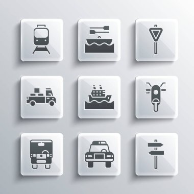 Polis arabası ve teşhirci, trafik levhası, Scooter, yolcu gemisi, otobüs, teslimat kamyonu, tren yolu ve ikon. Vektör