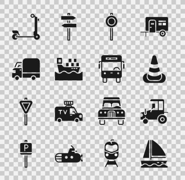 Yat yelkenlisi, traktör, trafik konisi, trafik levhası kutulu kargo gemisi, kargo kamyonu, Scooter ve otobüs ikonu. Vektör