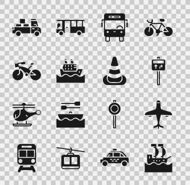 Yelkenli, Uçak, trafik levhası, otobüs, yolcu gemisi, bisiklet, teslimat kamyonu ve trafik konisi simgesi. Vektör