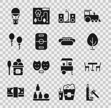 Çekiçli Striker cazibesi, piknik masası sandalyeleri, Tree, ev teybi iki hoparlör, Hokey, Balonlar, Sıcak Balon ve Hotdog ikonu. Vektör