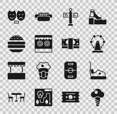 Dondurmayı waffle külahına, çarpışan arabaya, dönme dolaba, trafik levhasına, atış poligonuna, Burger 'e, Komedi' ye, trajedi maskelerine ve kağıt para ikonuna koyun. Vektör