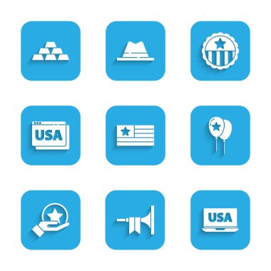 Amerikan bayrağı, Trompet, ABD dizüstü bilgisayarı, Balonlar, Bağımsızlık Günü, Tarayıcı, Yıldız ve Altın külçeli Madalya ikonu. Vektör