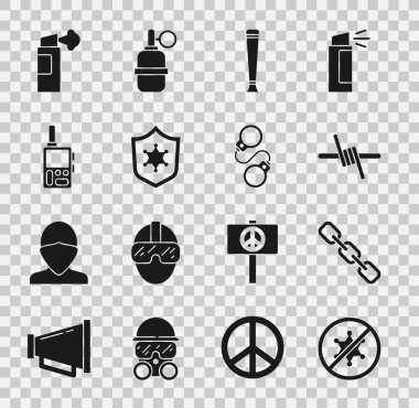 Protesto, zincir halkası, dikenli tel, polis lastiği, rozet, telsiz, biber gazı ve kelepçe ikonu. Vektör