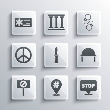 Protesto, askeri miğfer, bıçak, barış, polis rozeti ve kelepçe ikonu. Vektör