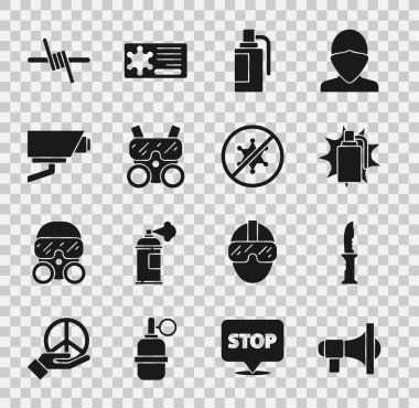 Megafon, askeri bıçak, el bombası, gaz maskesi, güvenlik kamerası, dikenli tel ve protesto ikonu. Vektör