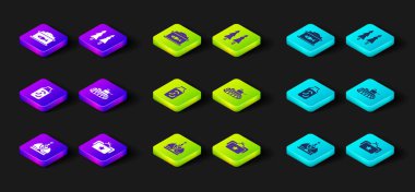 King Crown, Ushanka, Salatalık turşusu kavanozu, Askeri tank, Noel ağacı ve havyar ikonlu teneke kutu. Vektör