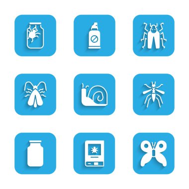 Salyangoz, Böcek, Kelebek, Sivrisinek, Cam kavanoz, Giysi Güvesi, Böcek Böceği ve Örümcek ikonu hakkında kitap hazırla. Vektör