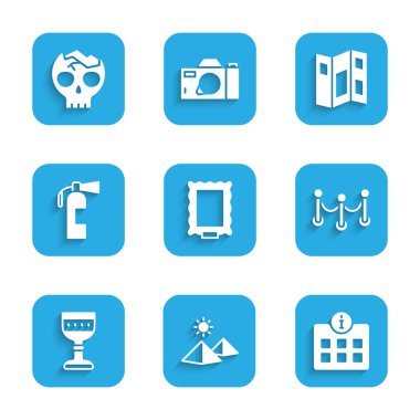 Resim, Mısır piramitleri, bilgi, ip engeli, ortaçağ kadehi, yangın söndürücü, müze rehberi broşürü ve kırık insan kafatası ikonu. Vektör