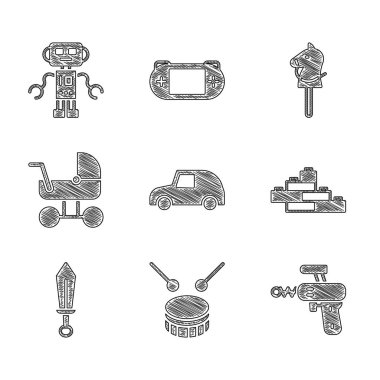 Oyuncak araba, davul sopalı davul, ışın tabancası, inşaat tuğlası, kılıç oyuncağı, bebek arabası, at ve robot ikonu. Vektör