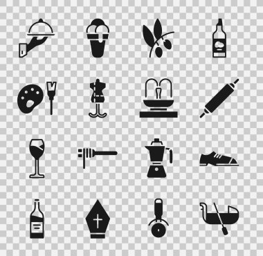 Gondol, erkek ayakkabısı, merdane, zeytin dalı, manken, paletli boya fırçası, kaplanmış yemek tepsisi ve çeşme ikonu. Vektör