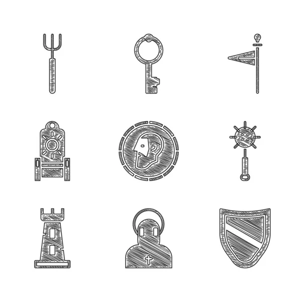 集古钱币 中世纪链球 城堡塔 国旗和花园叉为一体 — 图库矢量图片