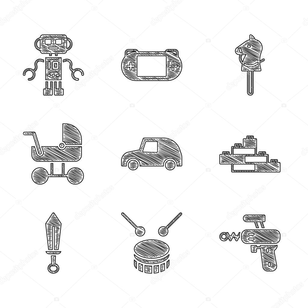 Set Toy car, Drum with drum sticks, Ray gun, building block bricks, Sword toy, Baby stroller, horse and Robot icon. Vector