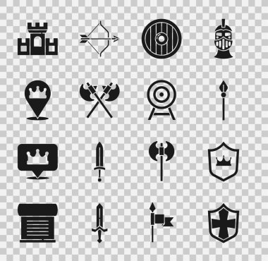 Set Shield, taç, Ortaçağ mızrağı, yuvarlak tahta kalkan çapraz ortaçağ baltaları, konum kralı, kale ve hedef ok ikonu. Vektör