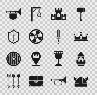 Viking 'i boynuzlu miğfere, kale kulesine, Kral tacına, kaleye, yuvarlak ahşap kalkanlara kılıçlı ortaçağa, trompet bayrağına ve ikona koyun. Vektör