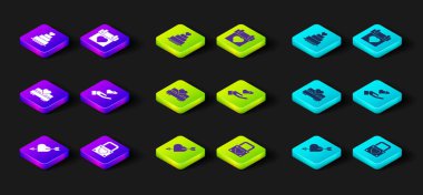 Aşk 'ı kalp, ok, kilit, yatak odası, kalp, takvim ve düğün pastası ikonu ile ayarla. Vektör