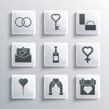 Düğün kemeri, takvim, kadın cinsiyeti sembolü, şampanya şişesi, balon kalp formu, tebrik kartı, yüzük ve elmas nişan ikonu. Vektör