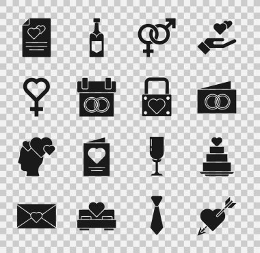 Aşk 'ı kalp ve okla, düğün pastası, tebrik kartı, cinsiyet, takvim, kadın cinsiyet sembolü ve kilit simgesi ile ayarla. Vektör