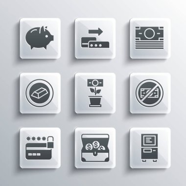 Hazine sandığı, ATM, para yok, tencerede para fabrikası, kilitli kredi kartı, altın külçeler, domuz kumbarası ve kağıt para ikonu. Vektör
