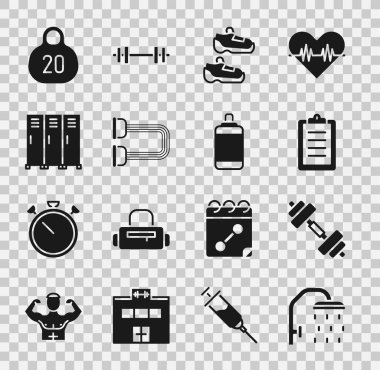 Duş başlığını, Dumbbell 'ı, spor eğitim programını, spor ayakkabılarını, göğüs genişleticiyi, soyunma odasını Kettlebell ve kum torbası ikonunu ayarla. Vektör