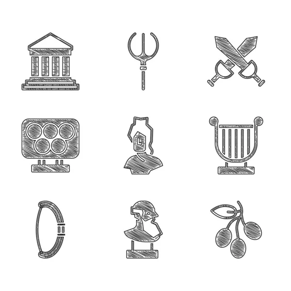集古代半身像 橄榄枝 中世纪弓 奥林匹克戒指 十字中世纪剑和巴台农神像为一体 — 图库矢量图片