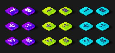 Spor ayakkabıları, havlu yığını vücut geliştirme kası, vitamin hapı, spor salonu kartı ve akıllı saat ikonu. Vektör