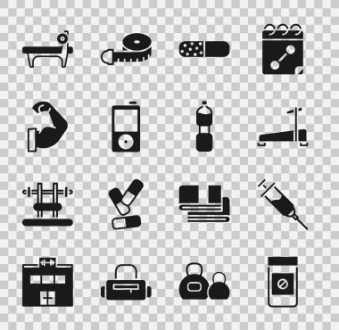 Anabolik ilaçlar, Doping şırıngası, Koşu bandı, Vitamin hapı, Müzik çalar, Vücut geliştirici kas gücü, Barbel ve bir şişe su ikonu. Vektör