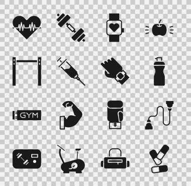 Vitamin hapı, göğüs açıcı, fitness karıştırıcı, akıllı saat, doping şırıngası, yatay bar, kalp atış hızı ve el ikonu. Vektör