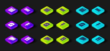 Pan flütü, Stereo hoparlörü, notalı müzik kitabı, mikrofon, davul ve makine simgesi ayarla. Vektör