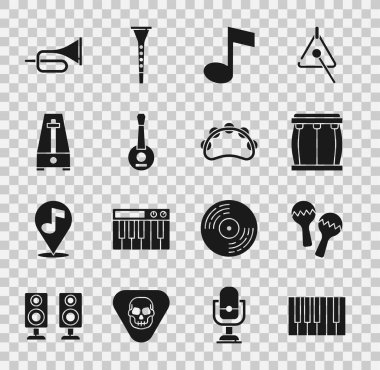 Grand piano, Maracas, Drum, Music note, tone, Banjo, Metronome with sardulum, Trompet ve Tef ikonu. Vektör