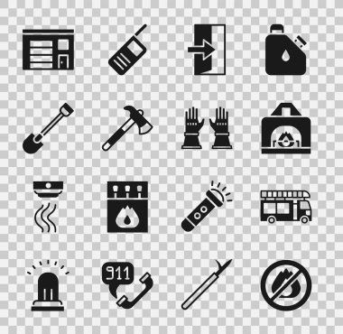 Yangın yok, itfaiye aracı, şömine, çıkış, itfaiye baltası, kürek, istasyon binası ve eldiven ikonu. Vektör