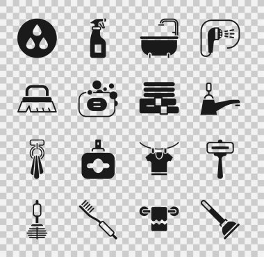 Lastik pompa, tıraş bıçağı, su musluğu, küvet, sabun, temizlik için fırça, damla ve havlu yığını ikonu. Vektör