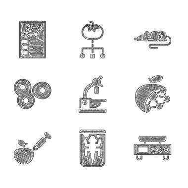 Mikroskop, Deney hayvanı, Elektronik pullar, Biyolojik yapı, Genetik olarak değiştirilmiş elma, Hücre Bölümü, Fare ve Klinik Kayıt Simgesi. Vektör