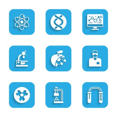 Biyolojik yapıyı, deney tüpünü, laboratuvar asistanını, biyolojik tehlike sembolünü, mikroskobu, genetik mühendisliği modifikasyonunu ve atom ikonunu ateşe verin. Vektör