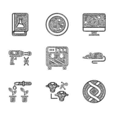 Biyolojik Kutu, Klonlama, DNA sembolü, Deneysel Fare, Pipette ve Bitki, Transfer Sıvı Silahı, Genetik mühendisliği modifikasyonu ve kitap simgesi. Vektör