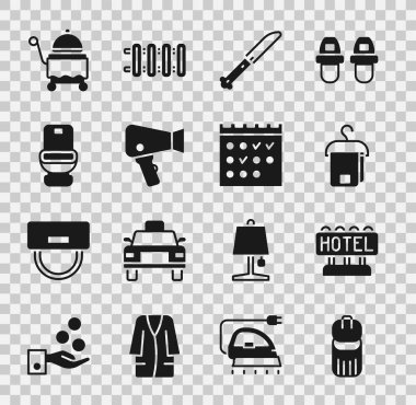 Çöp tenekesi, yazılı pano, askıda havlu, bıçak, saç kurutma makinesi, klozet, kapaklı tepsi ve rezervasyon takvimi ikonu. Vektör