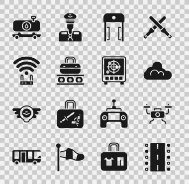 Havaalanı pistini, İHA 'yı, Bulut' u, Metal dedektörünü, bavullu konveyör bandını, Router 'ı ve wi-fi sinyalini, yakıt tankeri kamyonunu ve Radar hedef ikonunu ayarla. Vektör