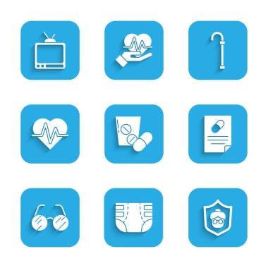 İlaç hapı ya da tablet, yetişkin bezi, büyükanne, reçete, gözlük, kalp atışı, baston baston ve televizyon ikonu. Vektör