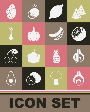 Soğan, portakal, limon, sarımsak, taze taze soğan, patates ve bezelye ikonu. Vektör