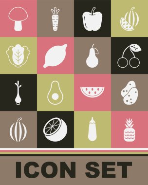 Ananas, Patates, Kiraz, Elma, Limon, Lahana, Mantar ve Armut ikonu. Vektör