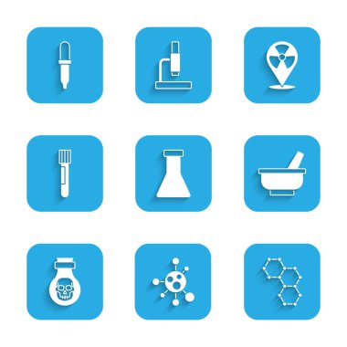 Test tüpü, matara, molekül, kimyasal formül, havan topu, şişedeki zehir, radyoaktif konum ve Pipette ikonu. Vektör