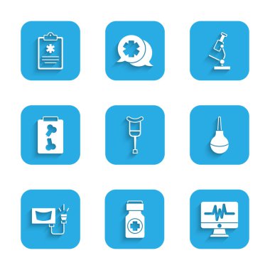 Koltuk değnekleri, koltuk değnekleri, ilaç şişesi ve haplar, kardiyogramlı monitör, Enema, ultrason, röntgen fotoğrafları, mikroskop ve klinik kayıt ikonu. Vektör