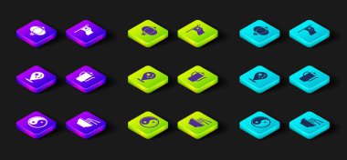 Set Yin Yang, Asya erişte kasesi, Çin bayrağı, Çin çay töreni, bayrak direği ve kağıt fener ikonu. Vektör