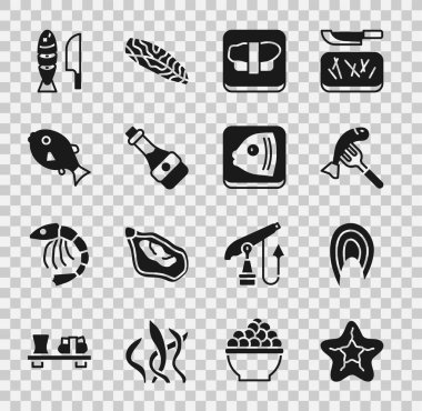 Denizyıldızı, balık bifteği, tabakta servis edilmiş, suşi kesme tahtası, soya sosu şişesi, tropikal, dilimlenmiş parçalar ve kafa ikonu. Vektör