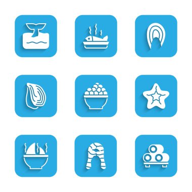 Havyar, balık bifteği, kesme tahtasında suşi, denizyıldızı, köpekbalığı yüzgeci çorbası, midye ve balina kuyruğu okyanus dalgası ikonu. Vektör